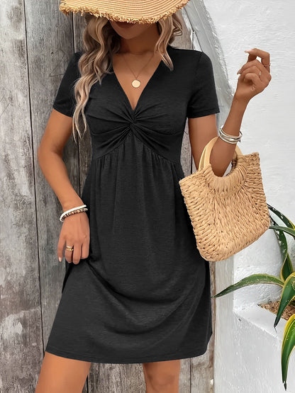 V Neck Short Sleeves Ruched Casual Mini Dress