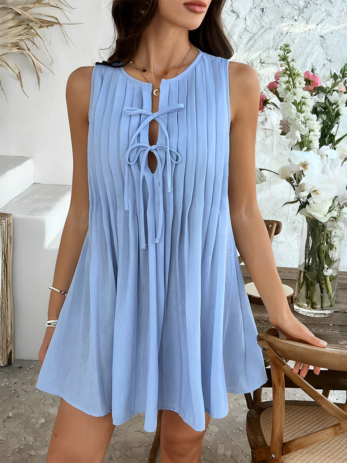 Solid Color Lace-Up Pleated Sleeveless Mini Dress
