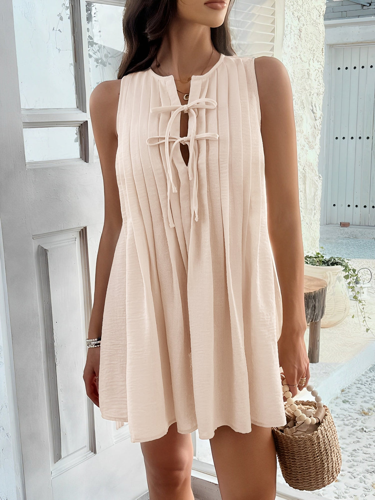 Solid Color Lace-Up Pleated Sleeveless Mini Dress