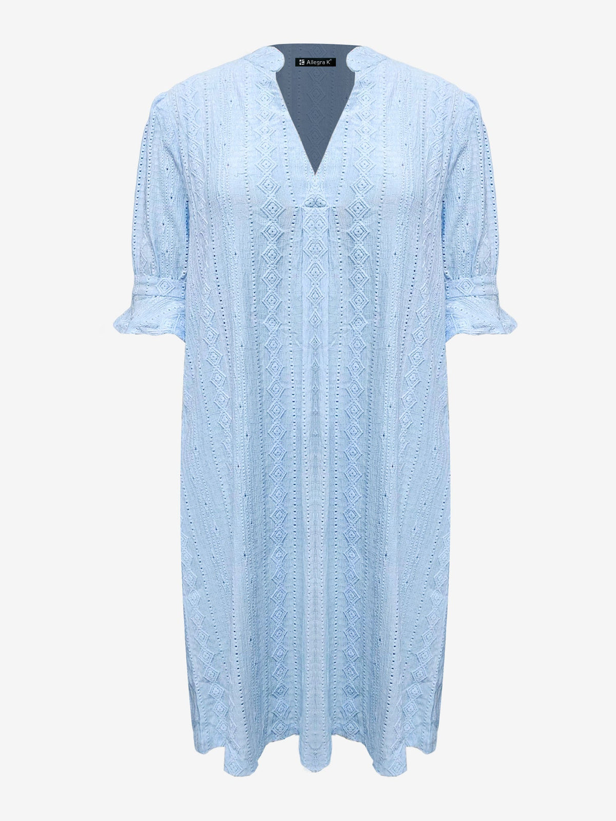 Notch Neck 3/4 Ruffled Sleeves Eyelet Dress