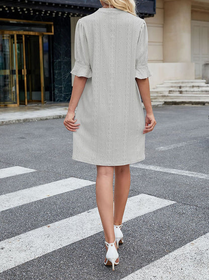 Notch Neck 3/4 Ruffled Sleeves Eyelet Dress