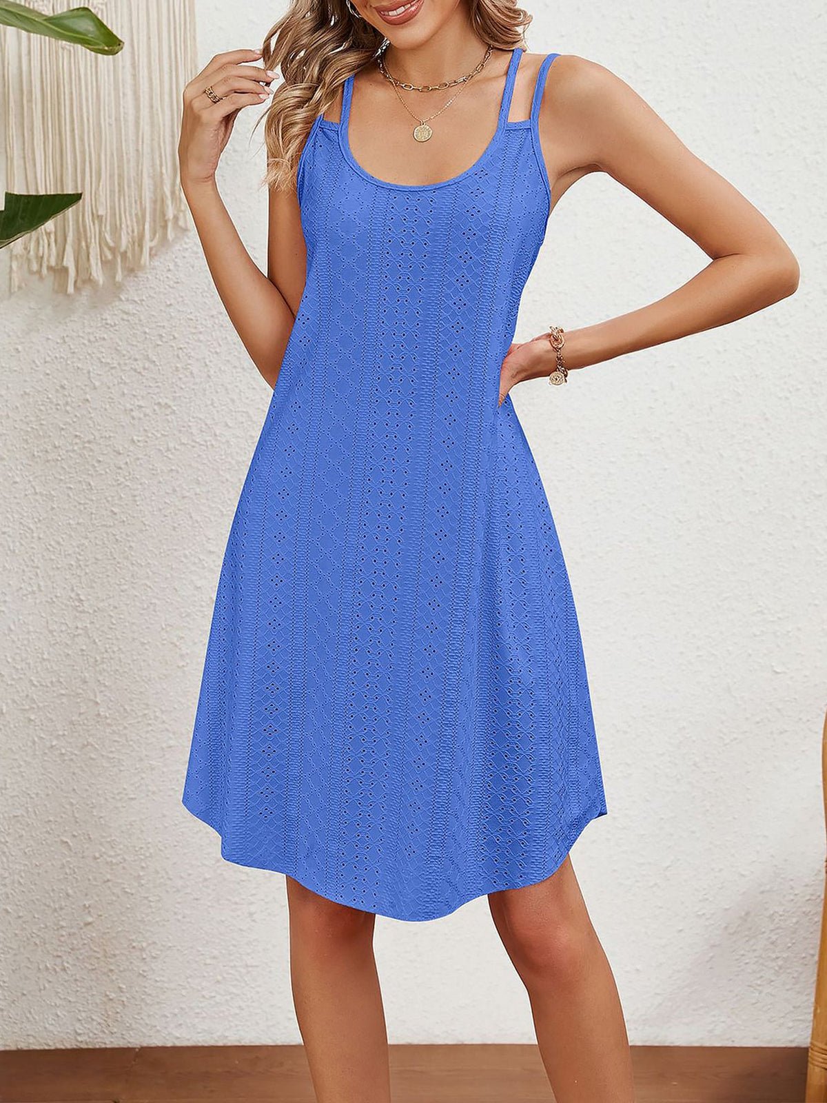 Solid Color Round Neck Sleeveless Eyelet Dress