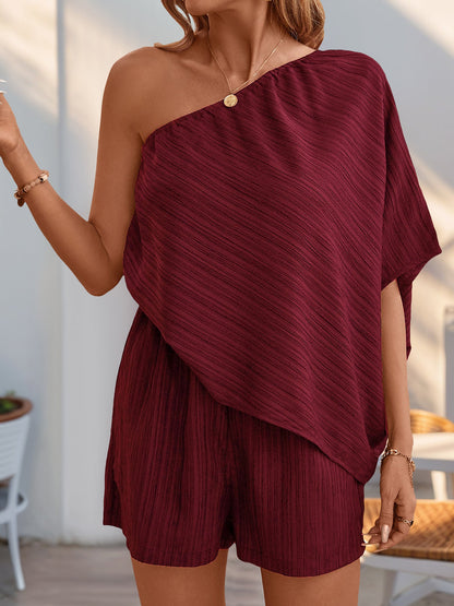 Textured One Shoulder Solid Color Rompers