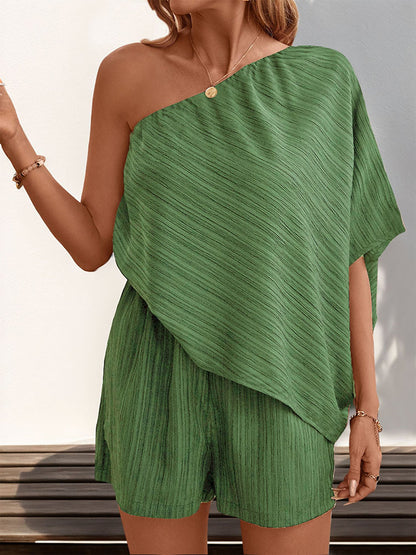 Textured One Shoulder Solid Color Rompers