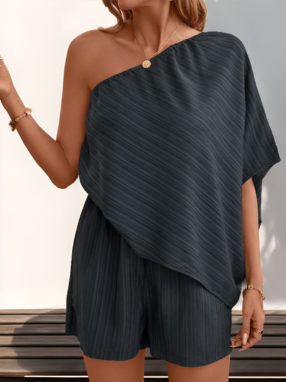 Textured One Shoulder Solid Color Rompers