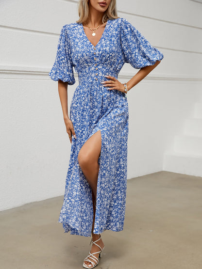 V Neck Lantern Sleeve Floral Slit Midi Dress
