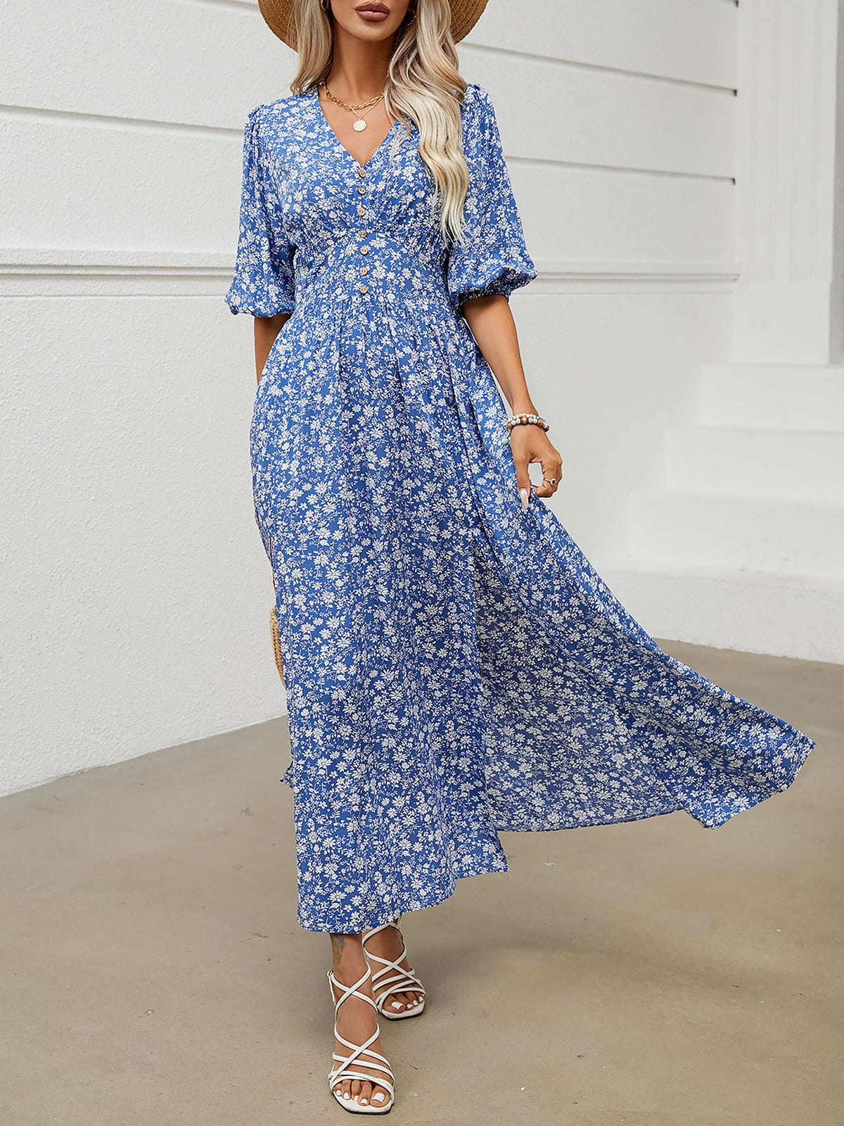 V Neck Lantern Sleeve Floral Slit Midi Dress