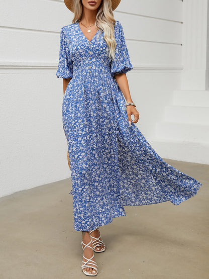 V Neck Lantern Sleeve Floral Slit Midi Dress