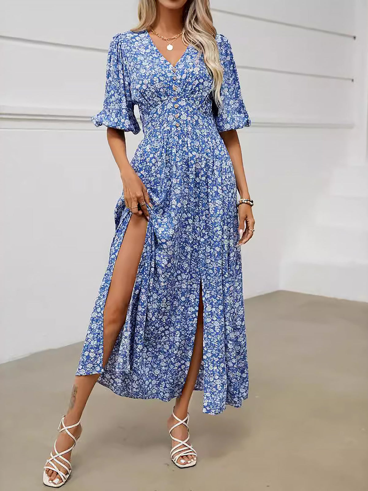 V Neck Lantern Sleeve Floral Slit Midi Dress