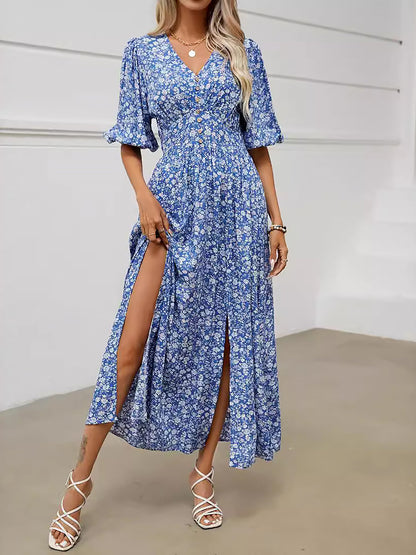 V Neck Lantern Sleeve Floral Slit Midi Dress
