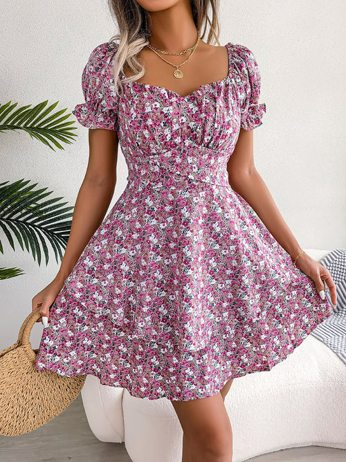 Romantic Garden Floral Puff Sleeves Lace-Up Ruffled Mini Party Dress