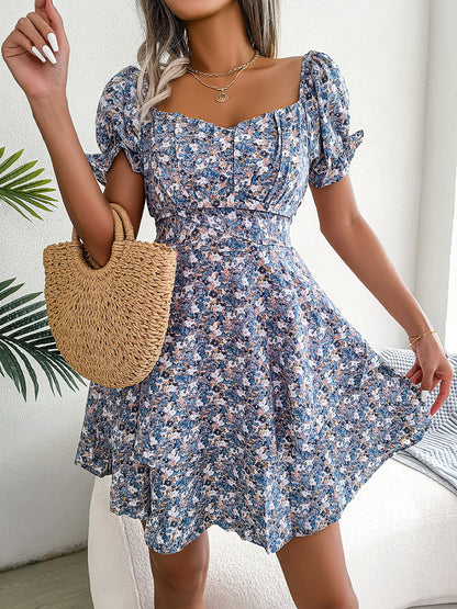 Romantic Garden Floral Puff Sleeves Lace-Up Ruffled Mini Party Dress