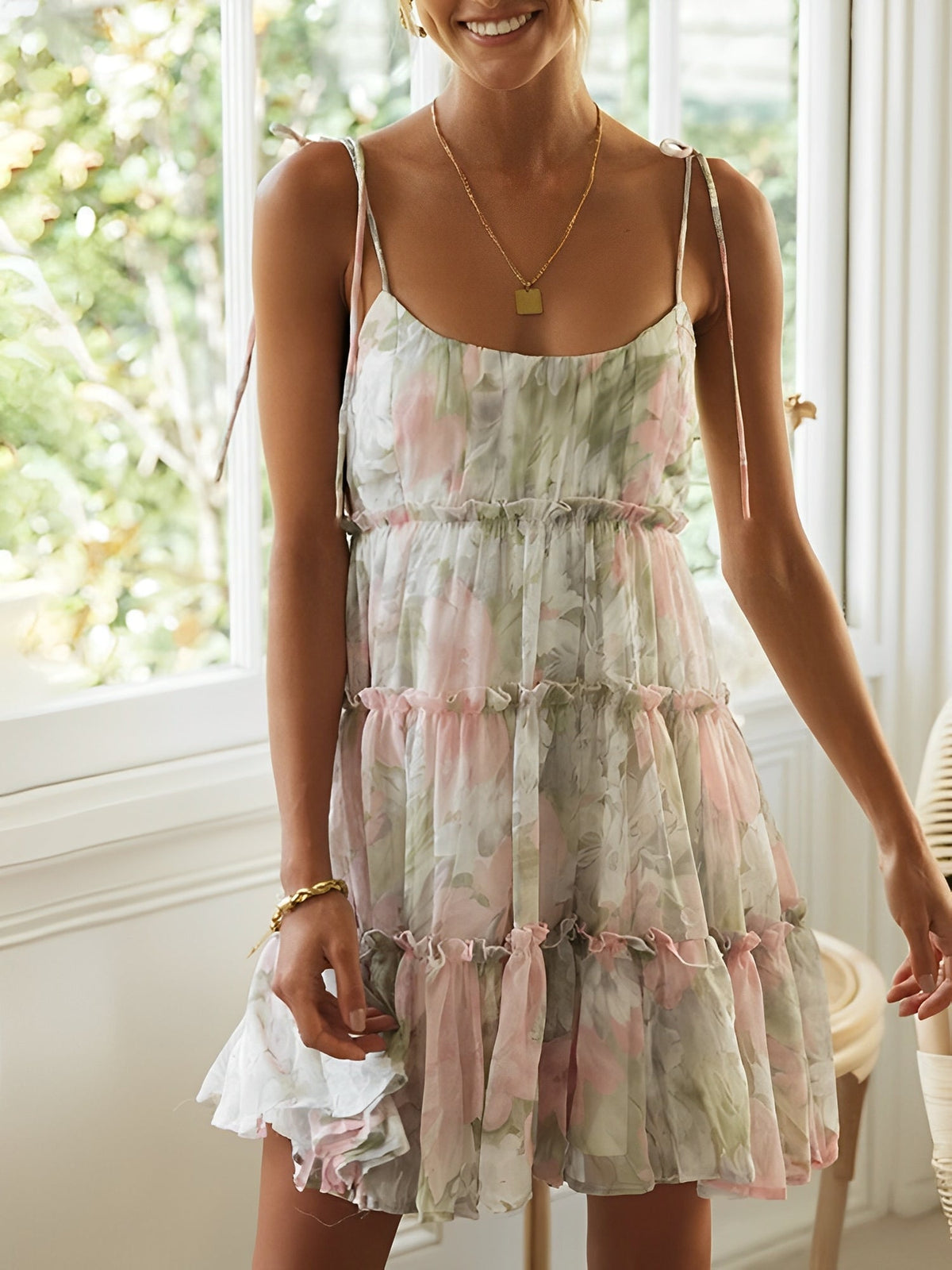 Lace-Up Spaghetti Straps Smocked Tiered Mini Dress