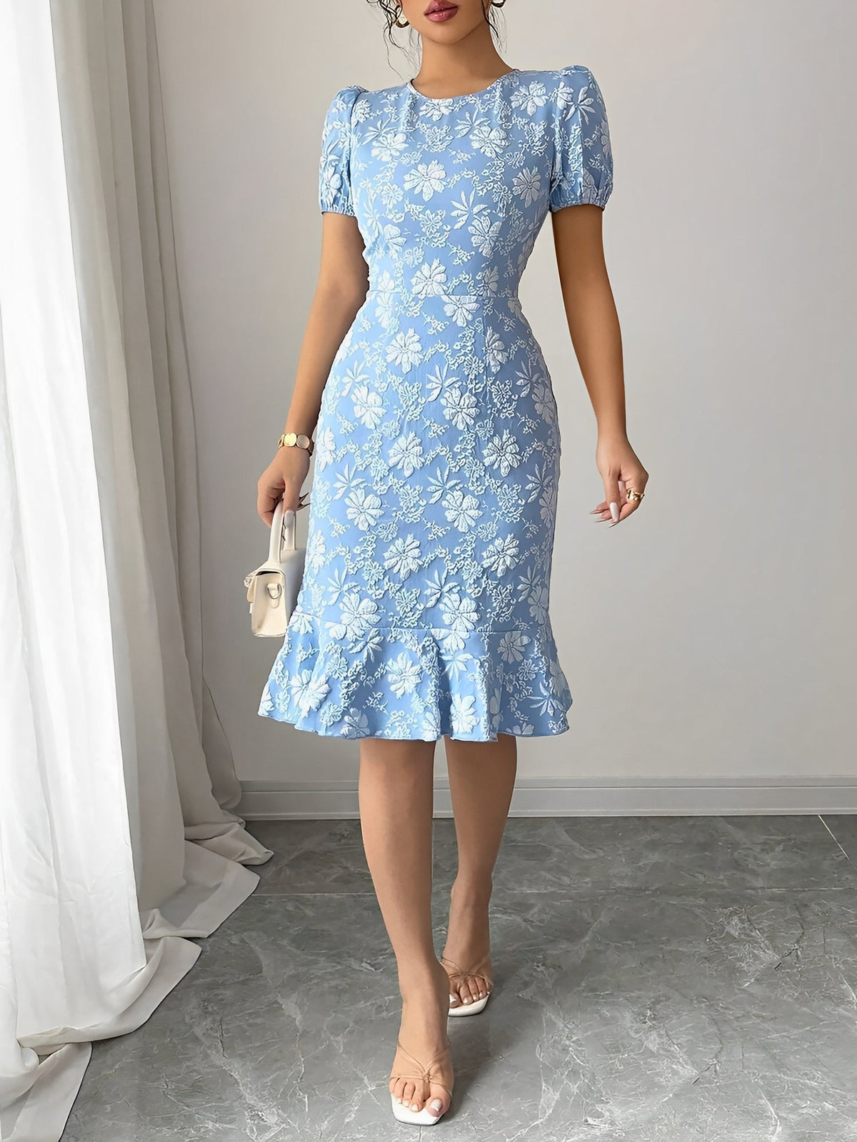 Flattering Slim Fit Flower Textured Puff Sleeves Bodycon Midi Dress
