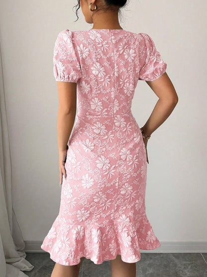 Flattering Slim Fit Flower Textured Puff Sleeves Bodycon Midi Dress