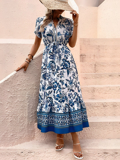 Floral Boho Short Sleeves A-Line Maxi Dress