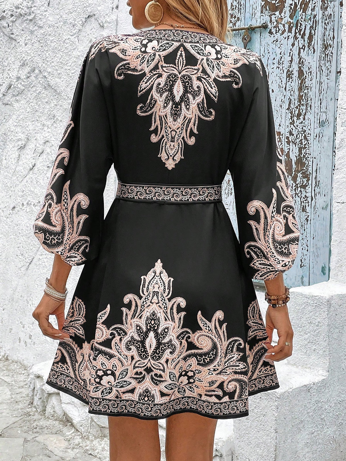 Vintage-Inspired Boho All-Over Floral Print 3/4 Lantern Sleeves Mini Dress