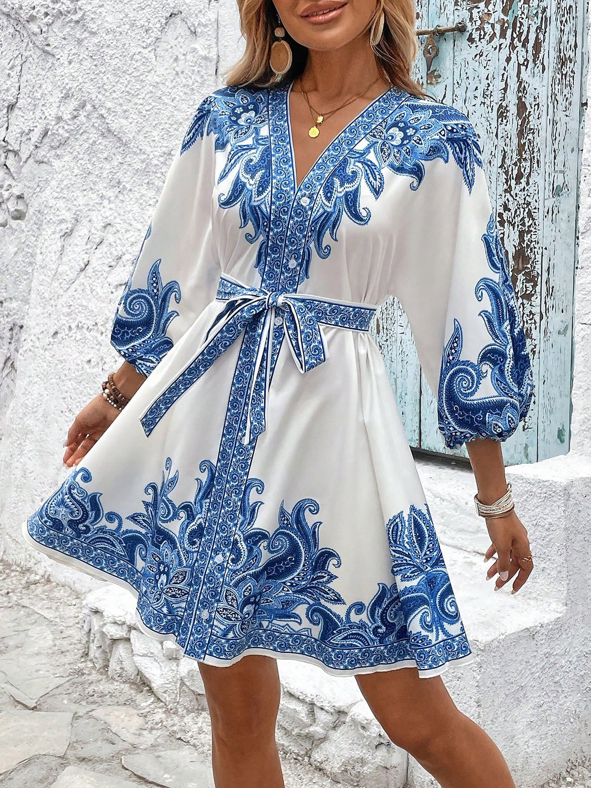 Vintage-Inspired Boho All-Over Floral Print 3/4 Lantern Sleeves Mini Dress