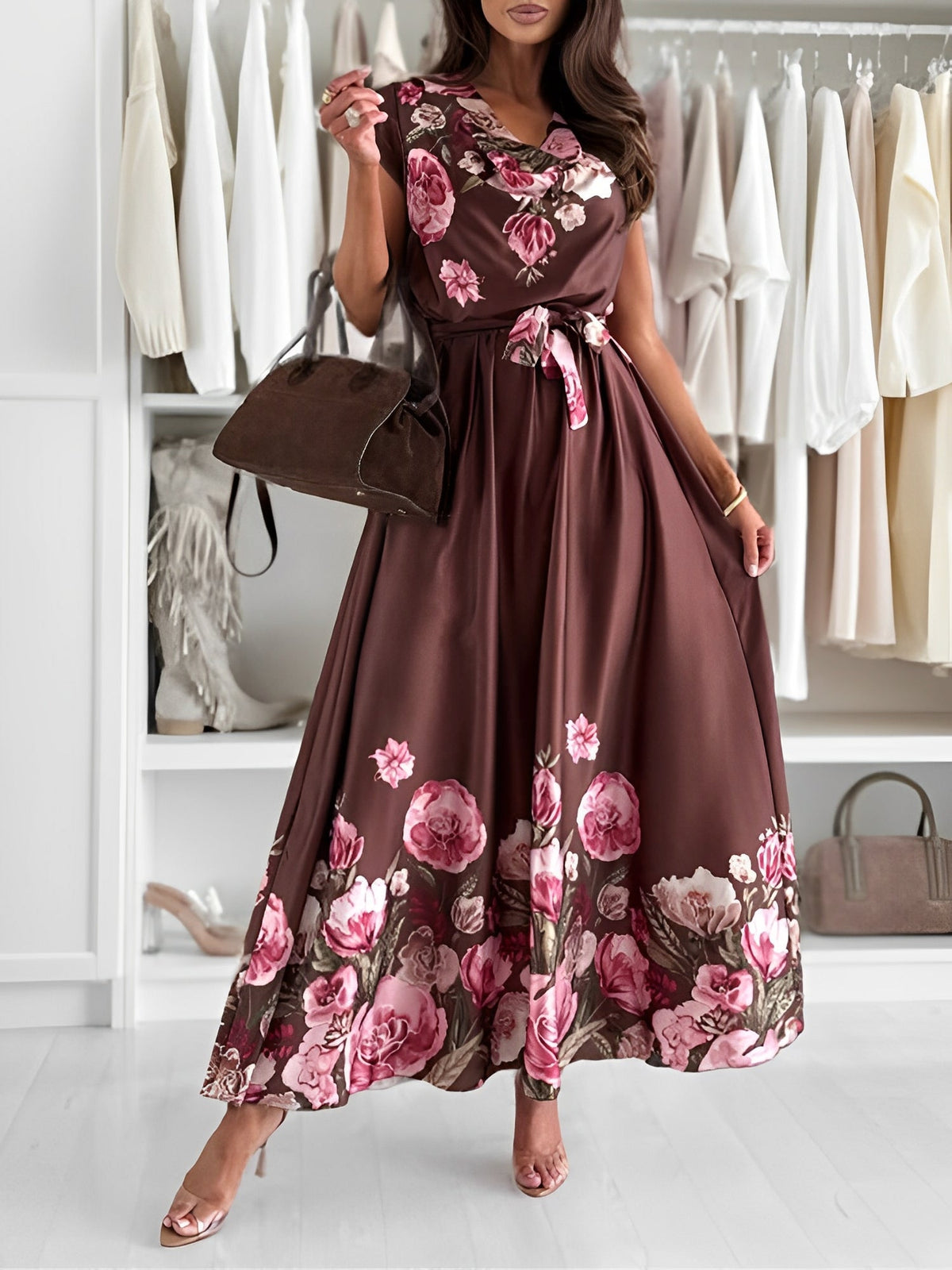 Floral Cowl Neck Cap Sleeves Maxi Dress