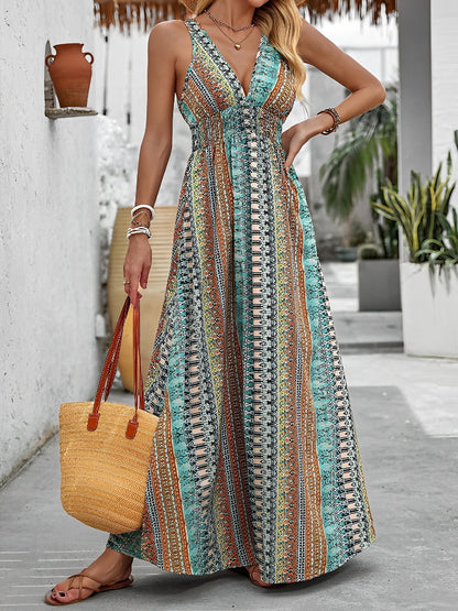 Boho Deep V Neck Sleeveless Slit Maxi Resort Dress