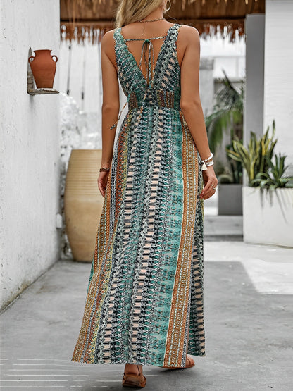 Boho Deep V Neck Sleeveless Slit Maxi Resort Dress