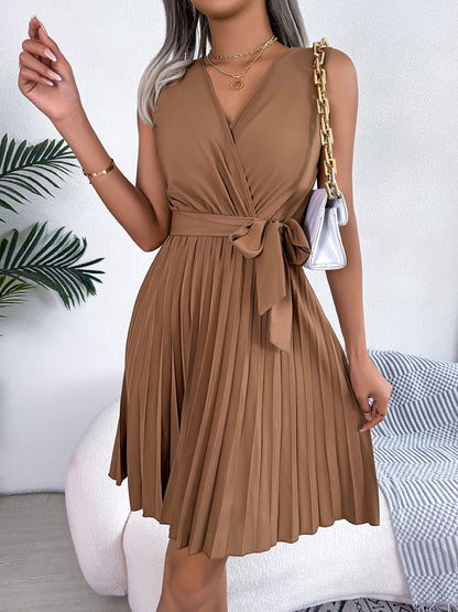V Neck Sleeveless Lace-Up Pleated Above Knee Dress