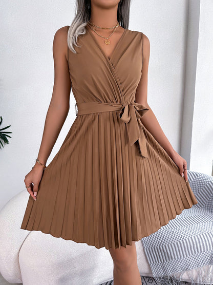 V Neck Sleeveless Lace-Up Pleated Above Knee Dress