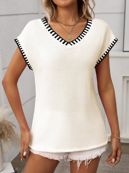 Pullover V Neck Short Sleeves Colorblock Knit Top