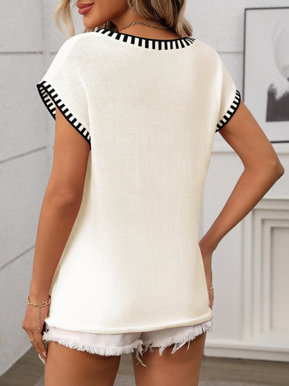 Pullover V Neck Short Sleeves Colorblock Knit Top