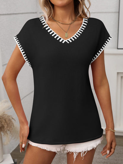 Pullover V Neck Short Sleeves Colorblock Knit Top