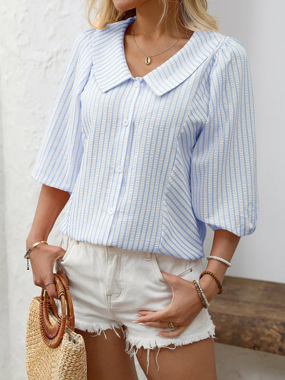 Lapel Puff 3/4 Sleeve Striped Button Down Blouse