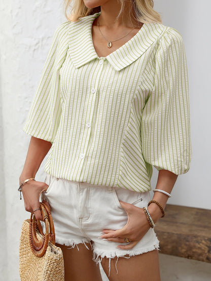 Lapel Puff 3/4 Sleeve Striped Button Down Blouse