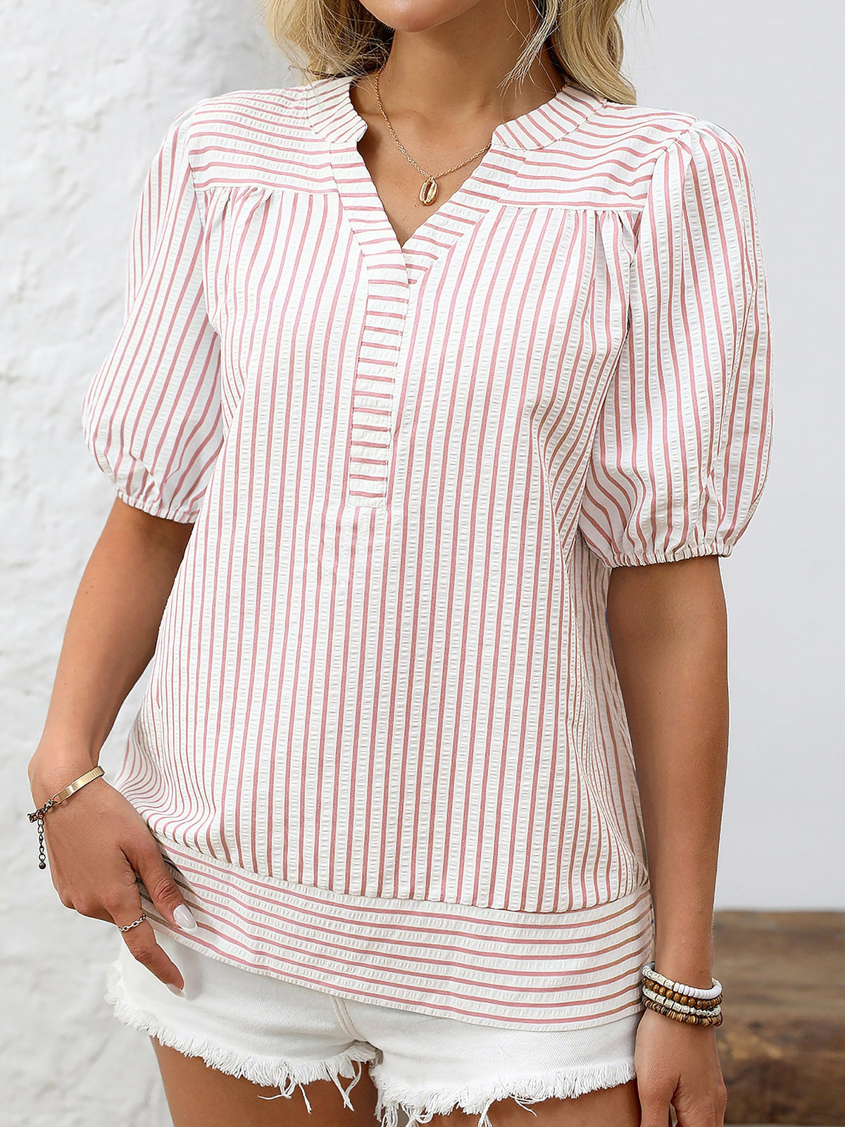Trendy Notch Collar Neck Puff Sleeves Striped Casual Office Blouse