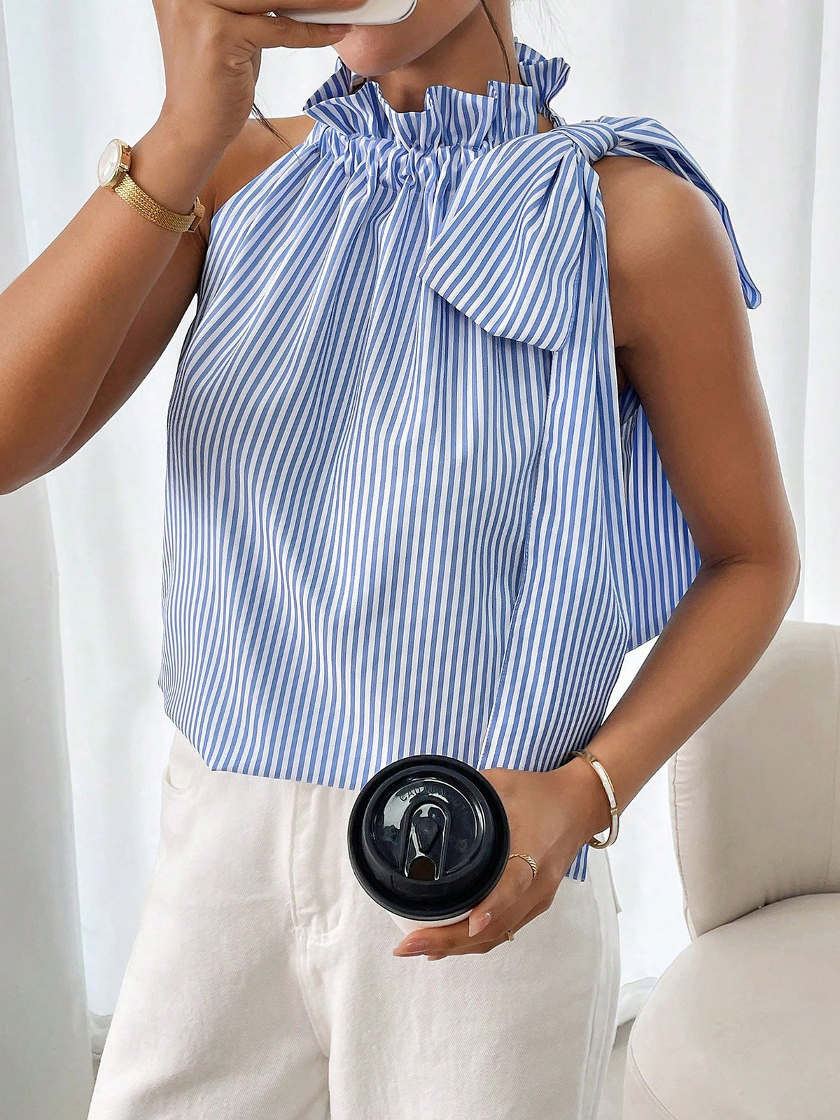 Sleeveless Striped Turtleneck Bow Tie Blouse