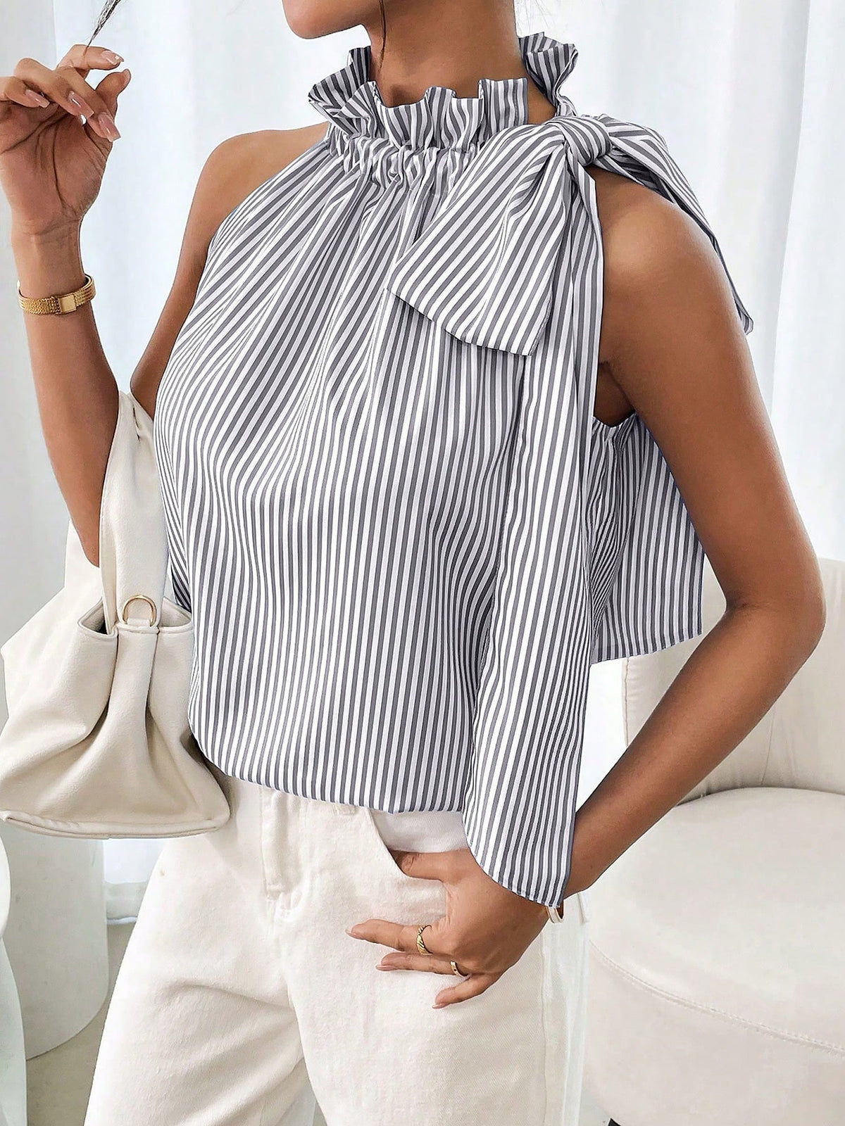 Sleeveless Striped Turtleneck Bow Tie Blouse