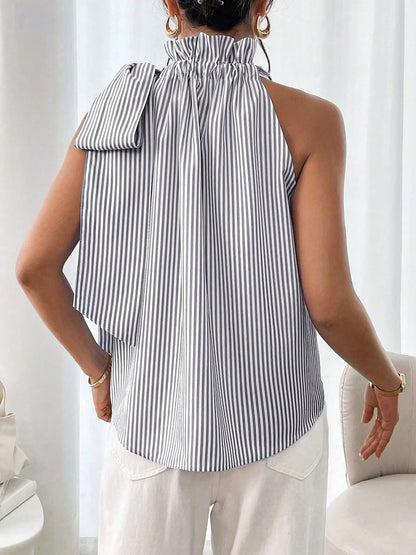 Sleeveless Striped Turtleneck Bow Tie Blouse