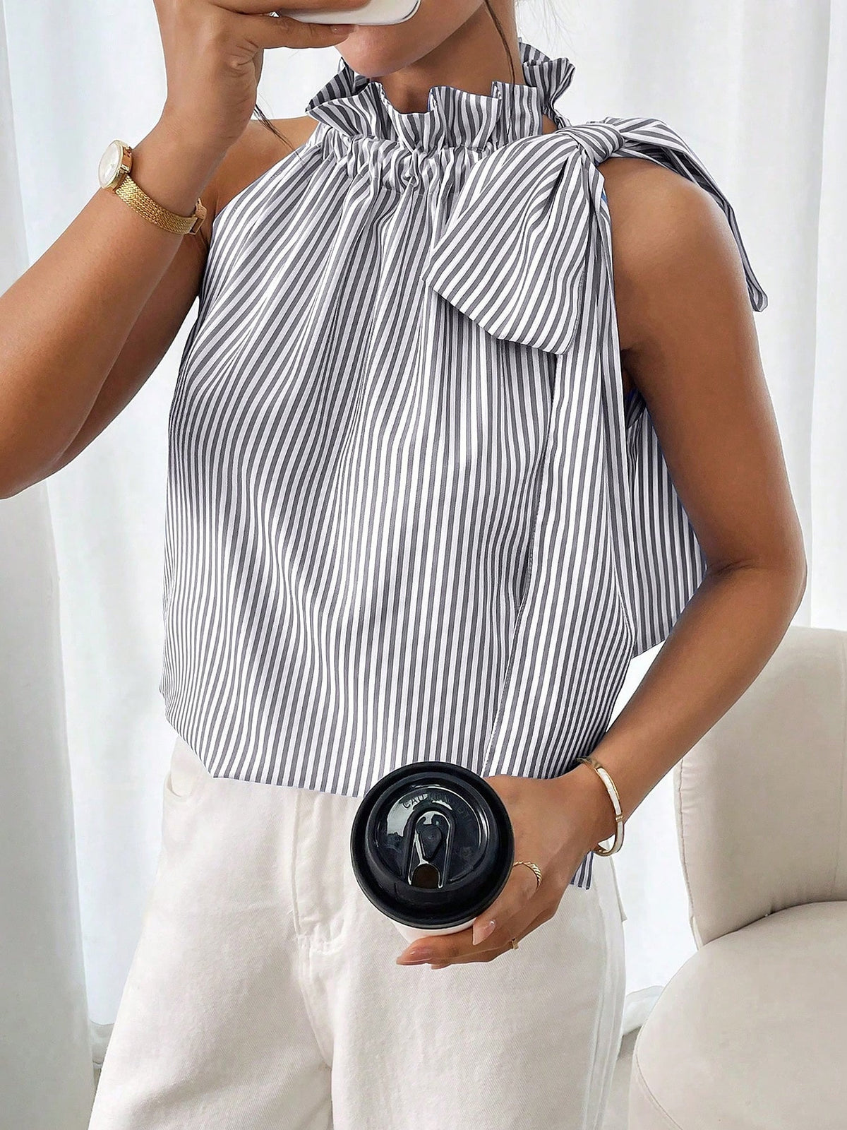 Sleeveless Striped Turtleneck Bow Tie Blouse