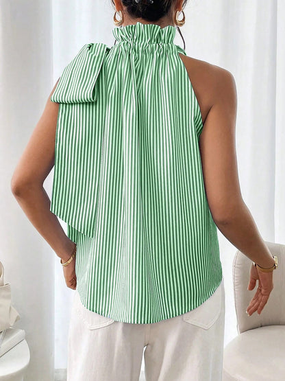 Sleeveless Striped Turtleneck Bow Tie Blouse