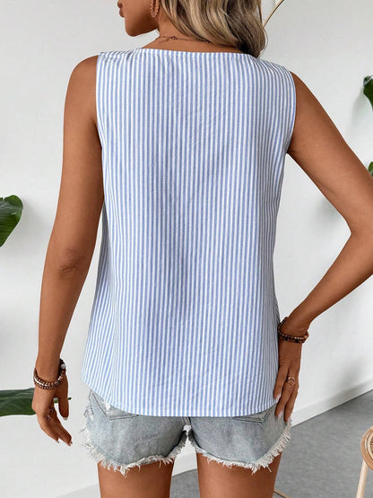 Sleeveless Striped Irregular Neck Button Decor Blouse