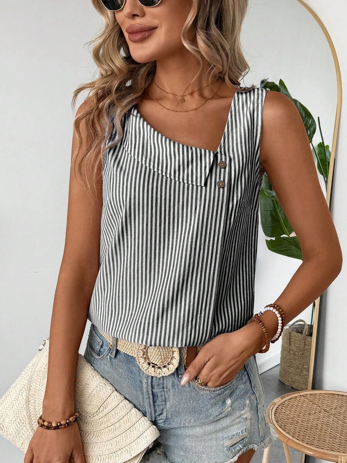 Sleeveless Striped Irregular Neck Button Decor Blouse