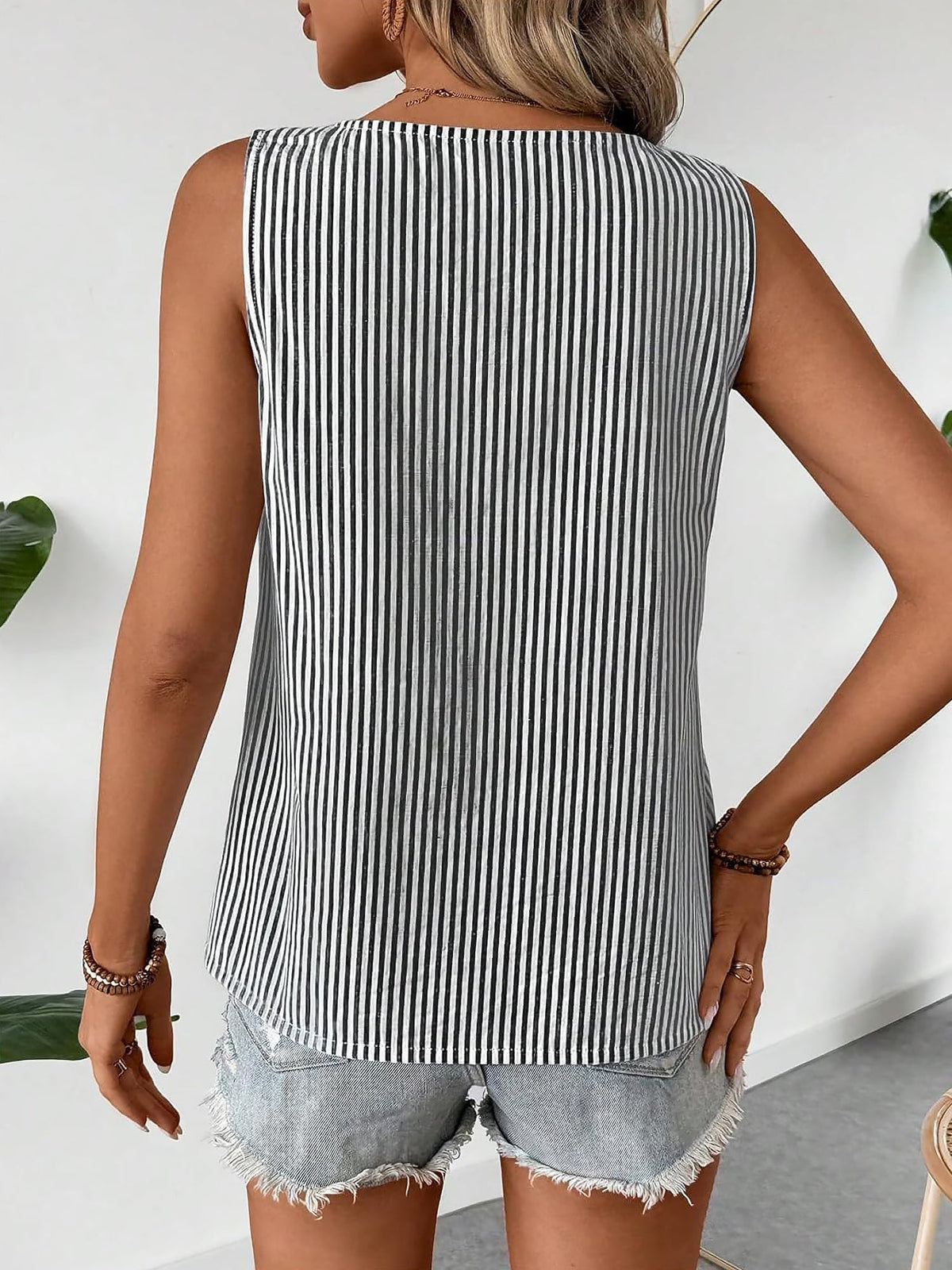 Sleeveless Striped Irregular Neck Button Decor Blouse