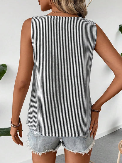 Sleeveless Striped Irregular Neck Button Decor Blouse