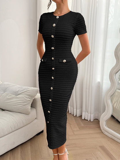 Textured Short Sleeves Button Decor Bodycon Dress