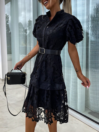 Puff Short Sleeves Lace Belted Midi Dress