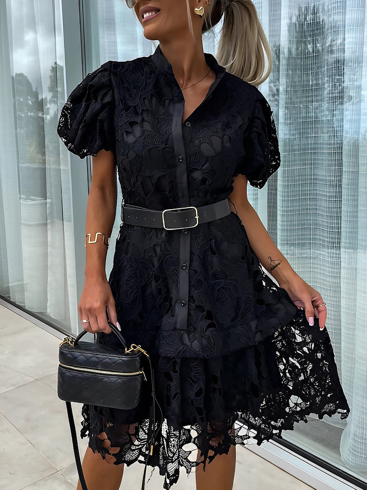 Puff Short Sleeves Lace Belted Midi Dress