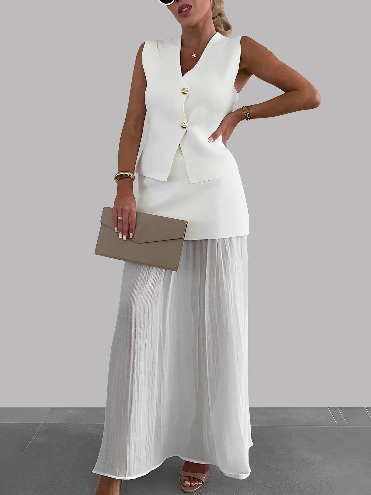 2 Pieces Sleeveless Vest & Maxi Patchwork Sheer Skirt Set