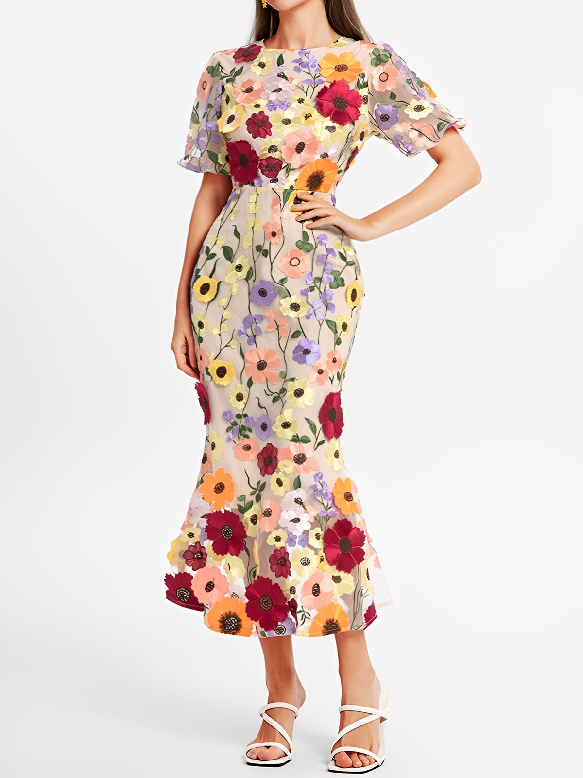 Flower Embroidery Short Sleeve Bodycon Fishtail Dress
