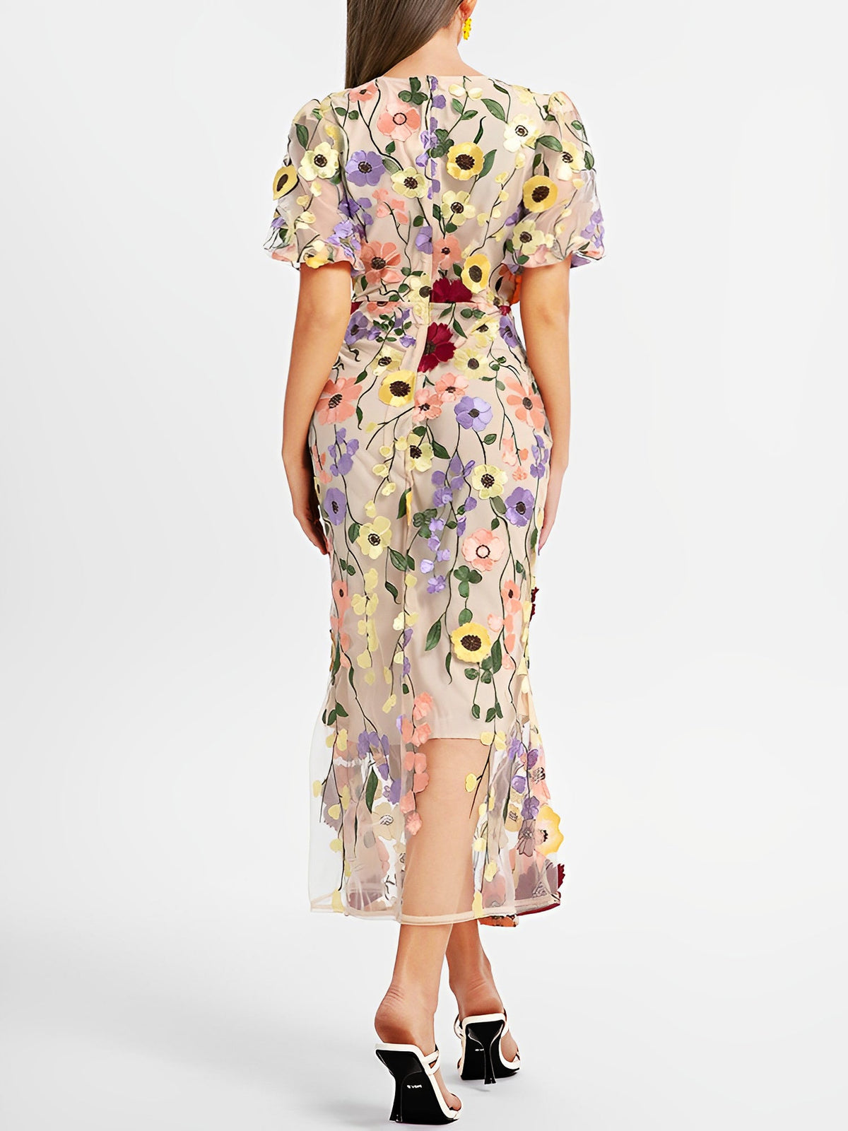 Flower Embroidery Short Sleeve Bodycon Fishtail Dress