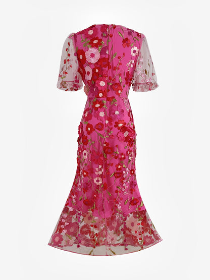 Flower Embroidery Short Sleeve Bodycon Fishtail Dress