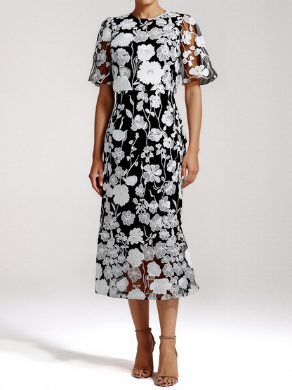 Flower Embroidery Short Sleeve Bodycon Fishtail Dress